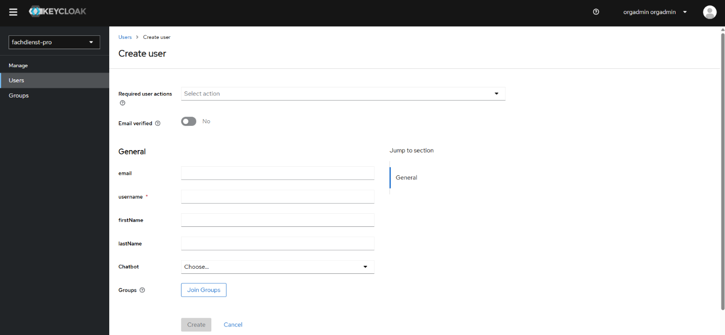 Ansicht KeyCloak, Create user