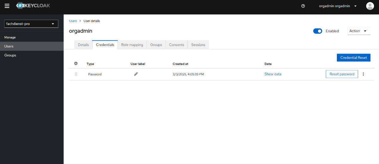 Ansicht Detailinformationen eines einzelnen Nutzers, Reiter Credentials