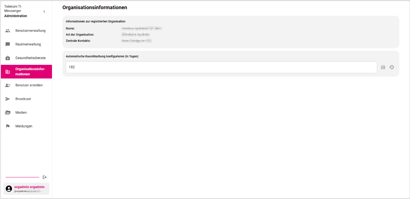 Oberfläche der Organisationsinformationen