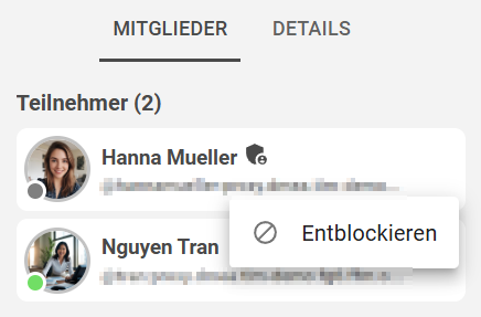 Chat-Details, Reiter Mitglieder, Auswahl "Entblockieren"