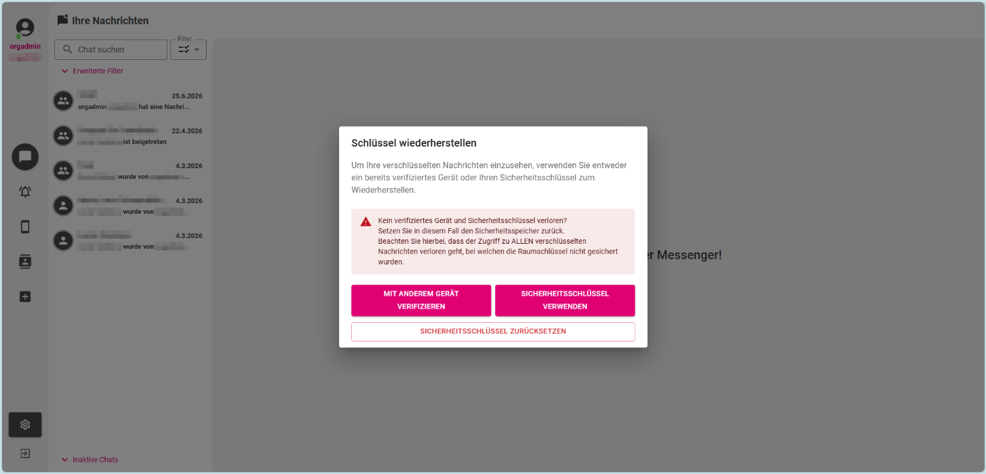 Dialog für die Schlüsselwiederherstellung
