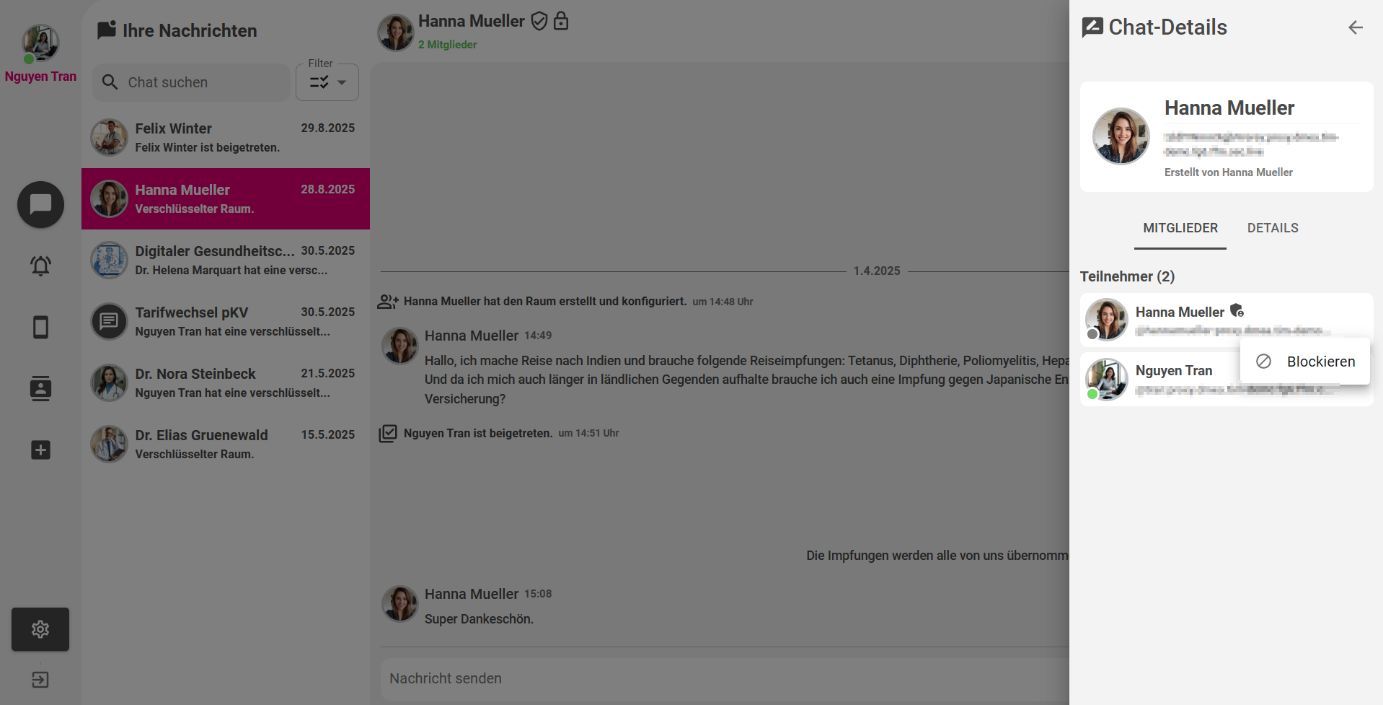Chat-Details, Reiter Mitglieder, Auswahl "Blockieren"