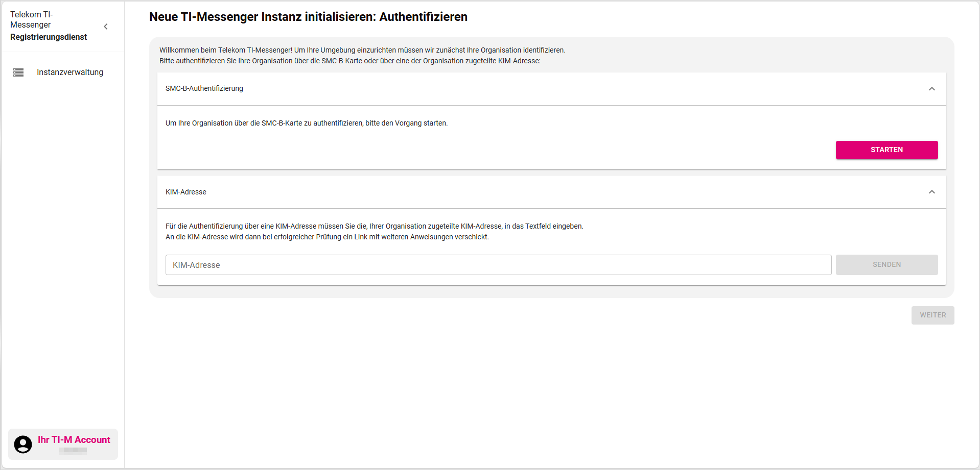 Wahl zwischen Authentifizierung mit SMC-B oder KIM-Adresse