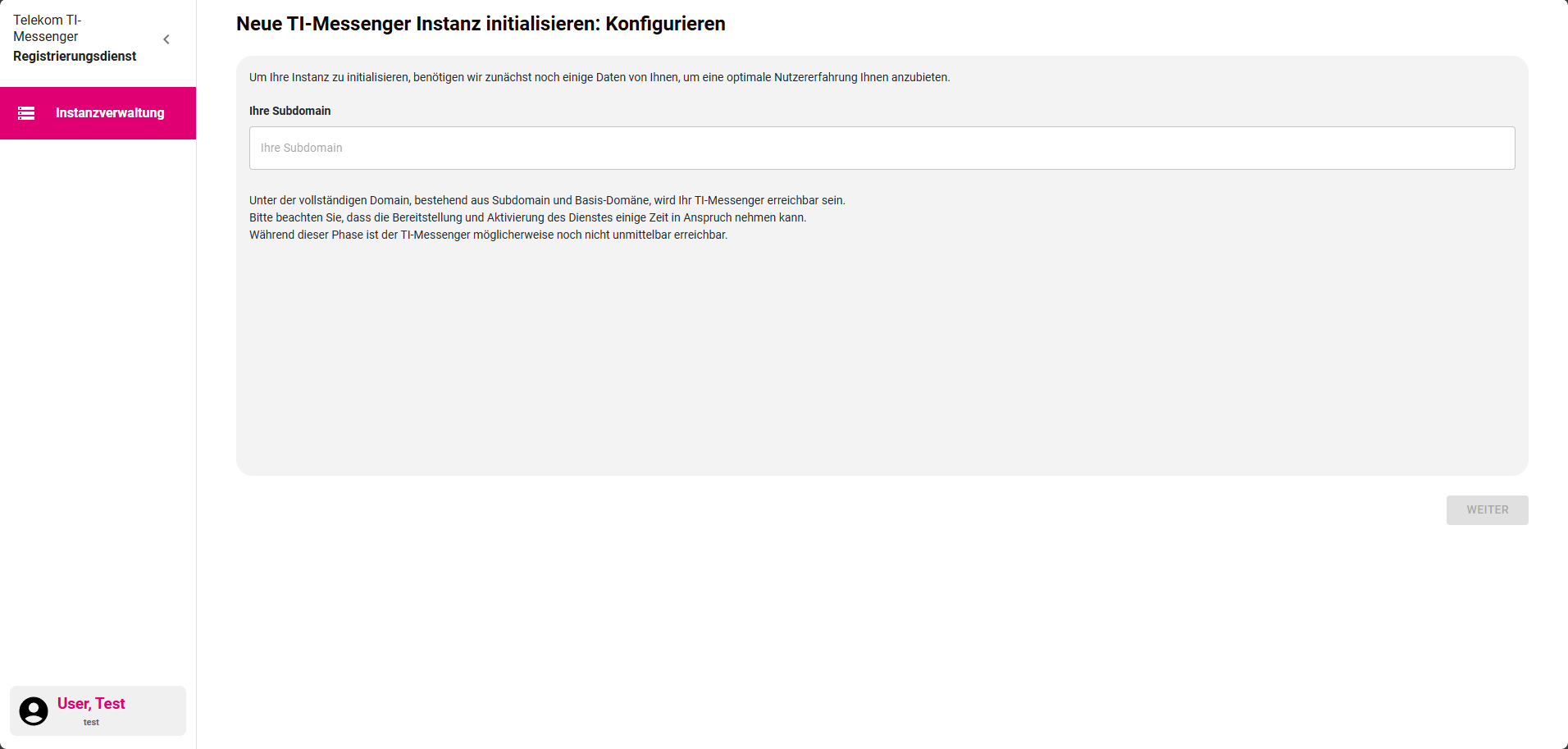 Dialog: Konfiguration der ersten TI-Messenger-Instanz